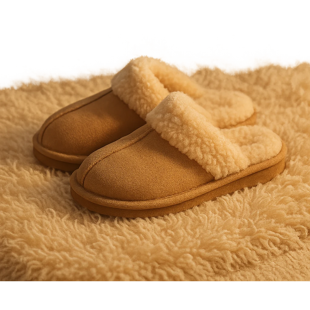 cozy slippers on a fluffy rug, soft lighting emoji