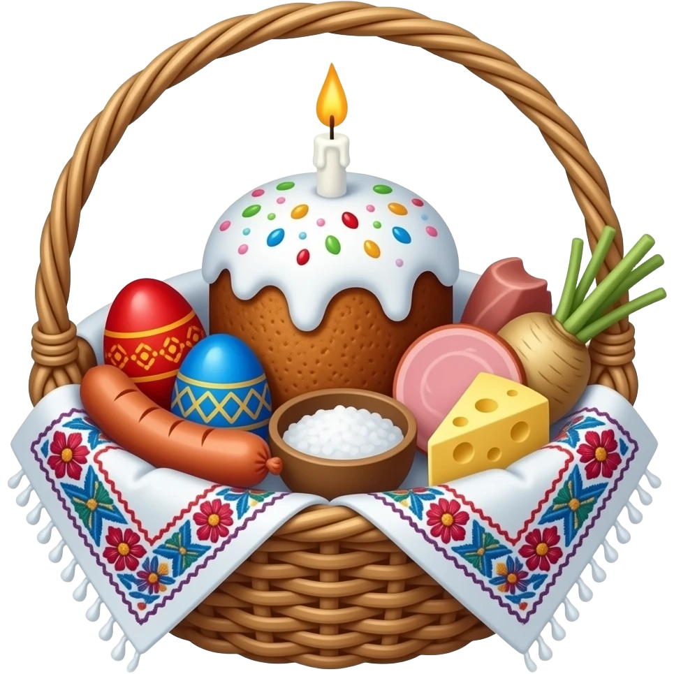 Detailed traditional Ukrainian Easter basket icon, iOS style. Wicker, embroidered rushnyk. Contains: Paska with lit candle, Pysanky, red and blue Krashanky, sausage ring, ham, cheese wedge, butter block, horseradish root, salt bowl. Top-down angled view emoji