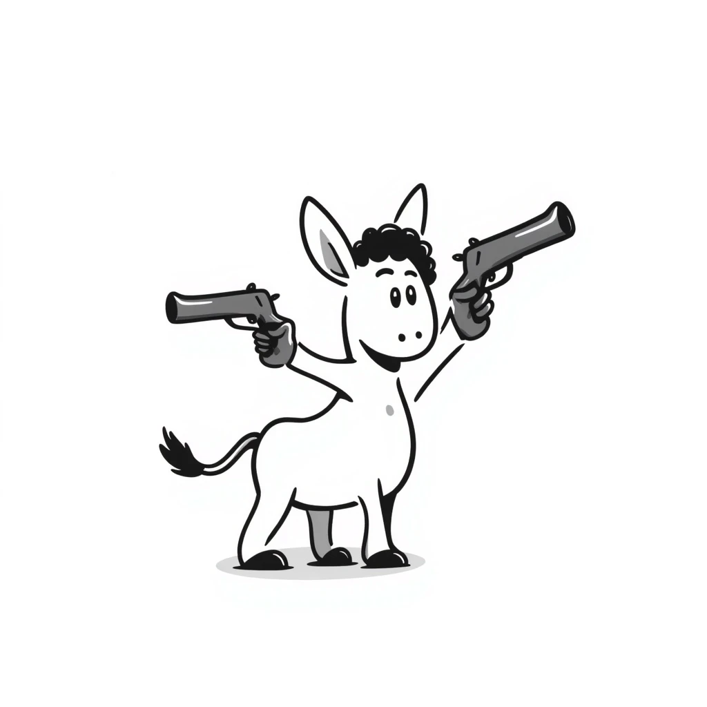 donkey shooting a gun, hand drawn doodle style emoji