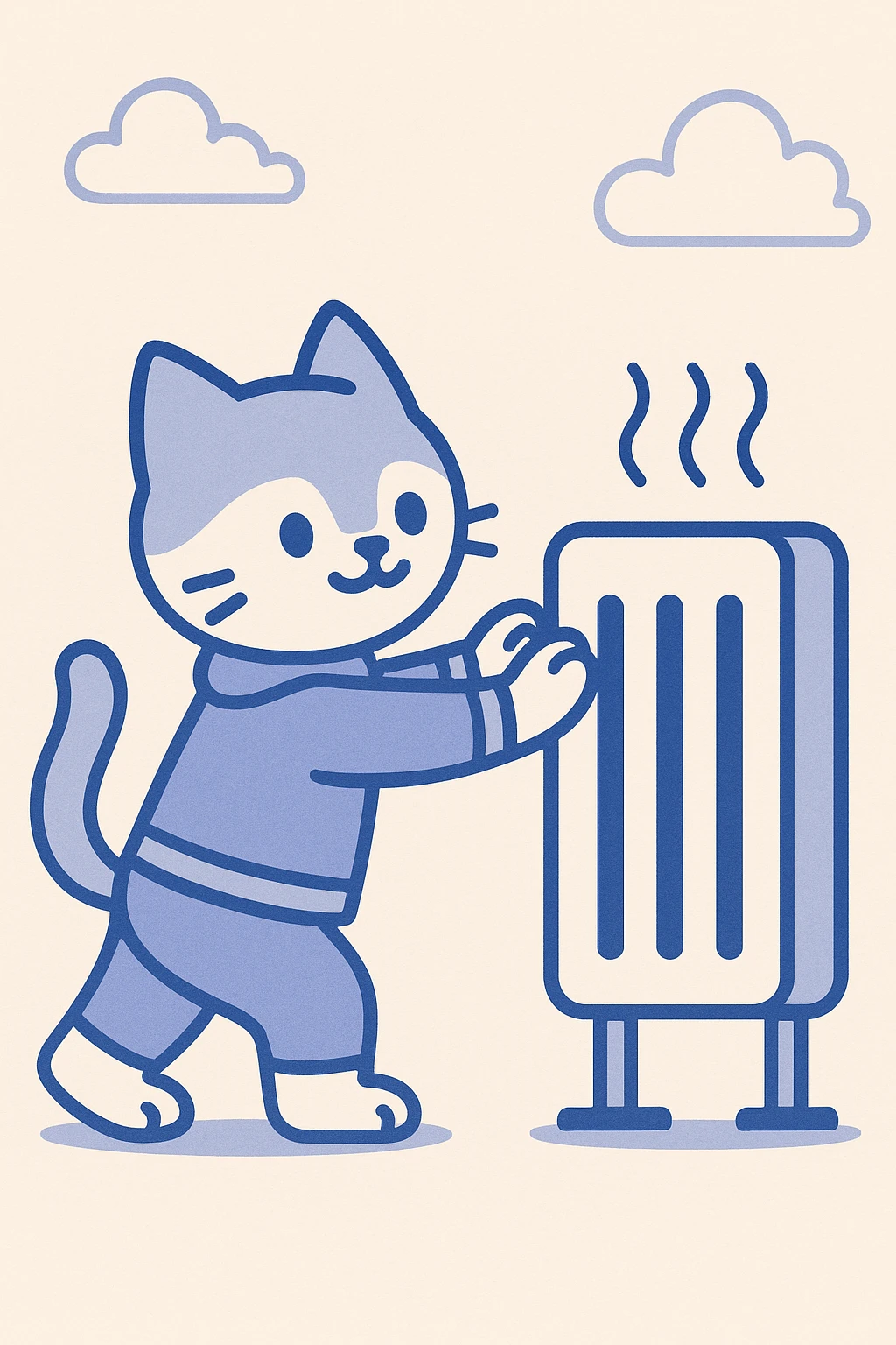 cartoon style kitten stretching paws towards a heater panel, light blue background emoji