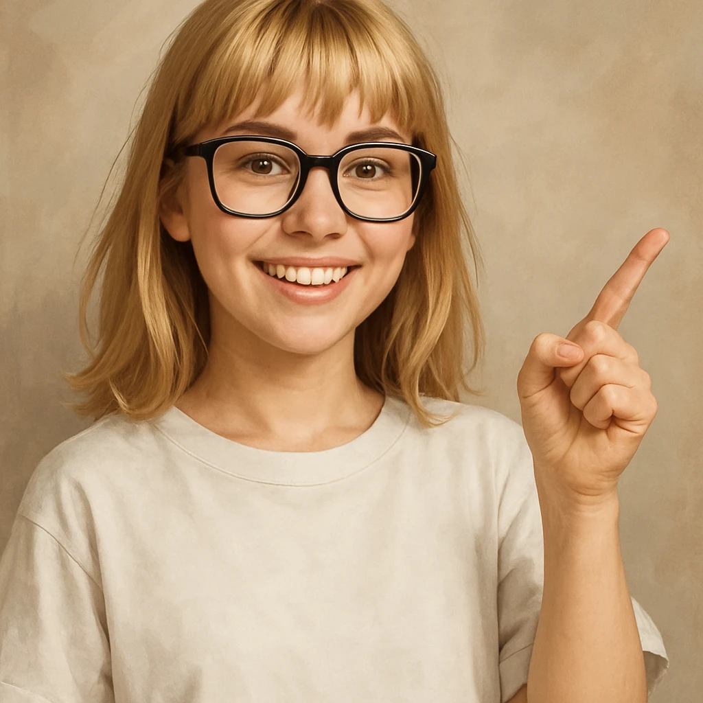 Smiling girl with blonde hair, bangs, and brown eyes, wearing black square glasses and a white oversized T-shirt, pointing her finger up to the right, semi-realistic digital art style emoji