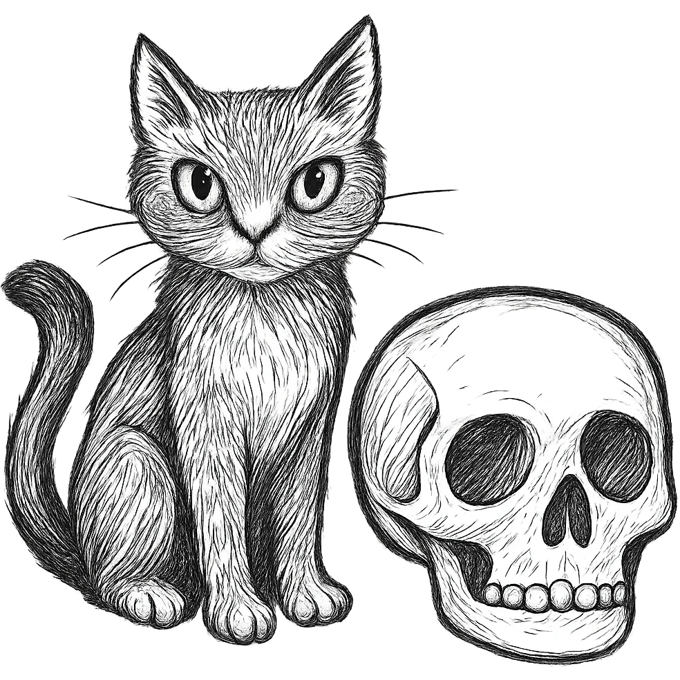 Make the black cat more detailed while keeping the hand-drawn sketch line art style, with no background. emoji