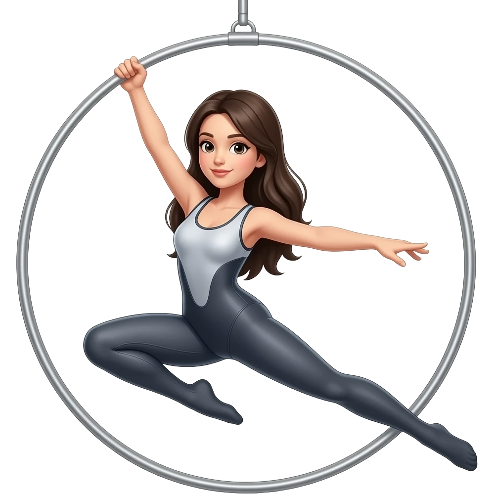 crea un emoji di una ragazza mora con la pelle chiara che fa danza aerea sul cerchio aereo con una tuta stretta emoji