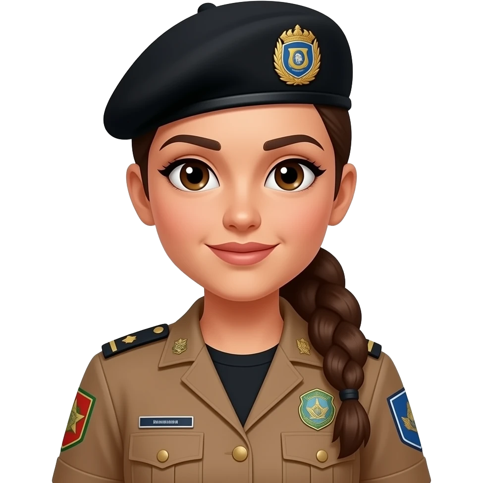 Sargento Gianne Policial militar da bahia feminina morena com cabelo amarrado boina preta e farda marrom e camisa preta por dentro da farda emoji