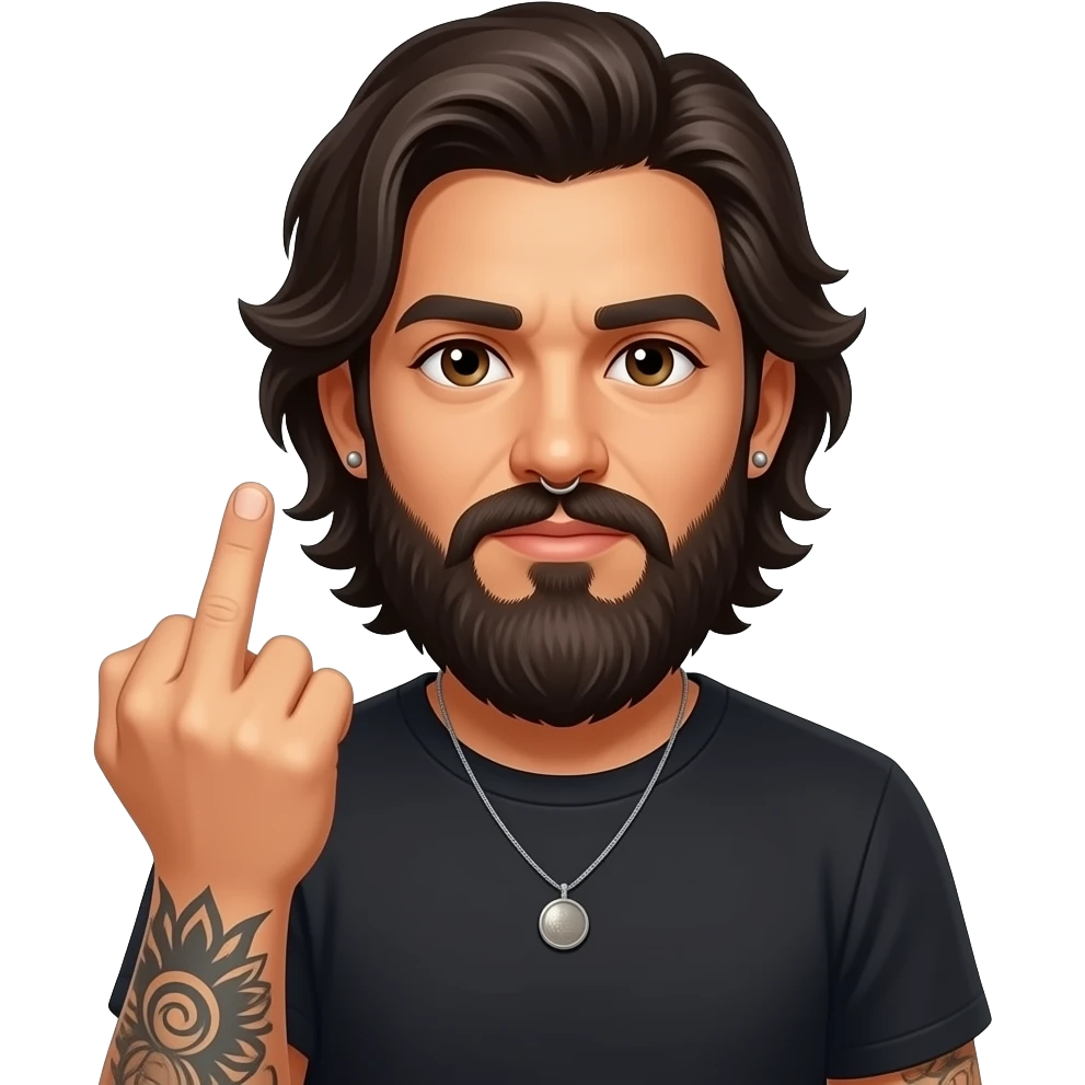 The handsome Latino podcast host with medium length hair, a long beard and tattoos with his ears pierced and a nose ring on the right side flipping somebody off with his middle finger emoji