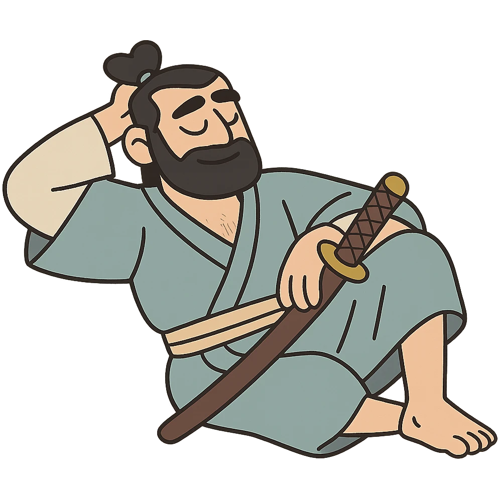 chill samurai, relaxed pose, modern twist, soft colors, minimalist style emoji