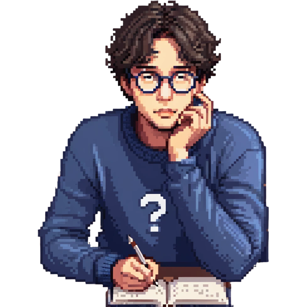 Flat pixel are, calm and curious male thinker, light skin, short tousled dark hair, round glasses, focused expression, wearing an indigo sweater, seated at a desk with open books and a floating question mark above his head, one hand resting under his chin in thought, waist-up, front-facing emoji