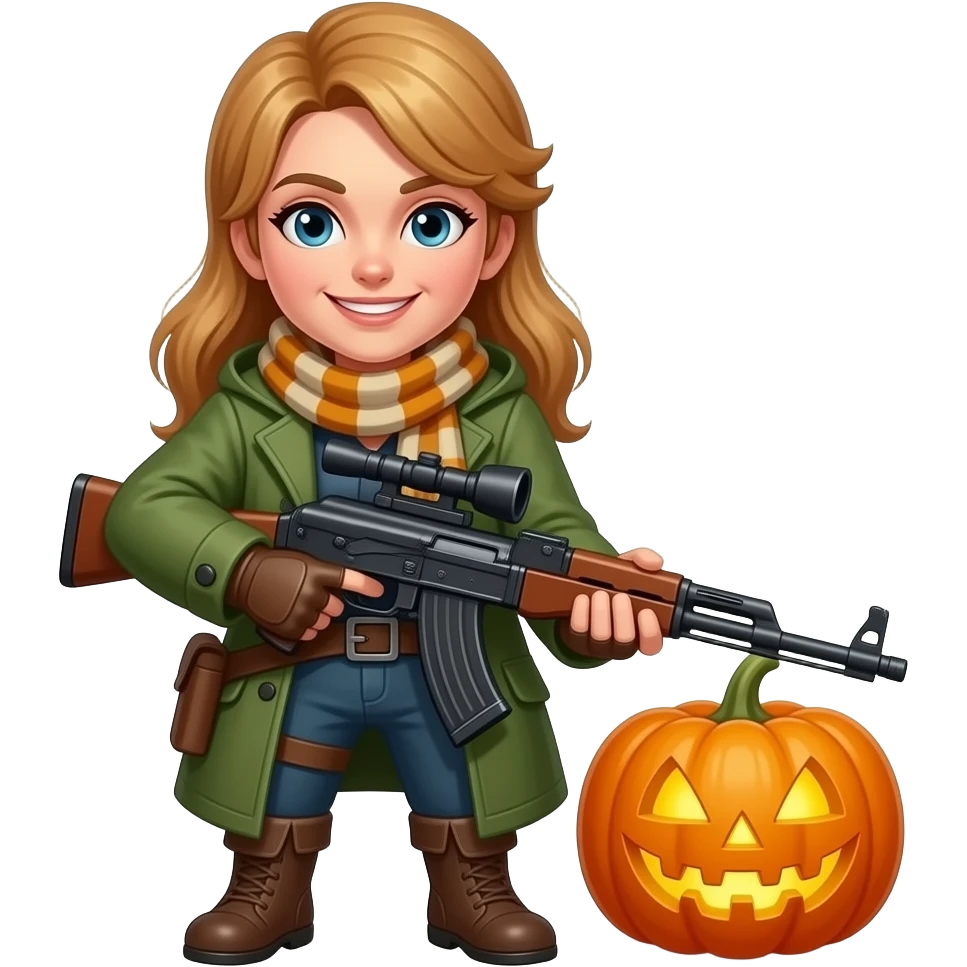 female human monster hunter emoji, wearing green coat and holding rifle, soft smile, scarf, holding glowing pumpkin by her side, Halloween fantasy style, clean vector Apple emoji look, bright colors,  square emoji