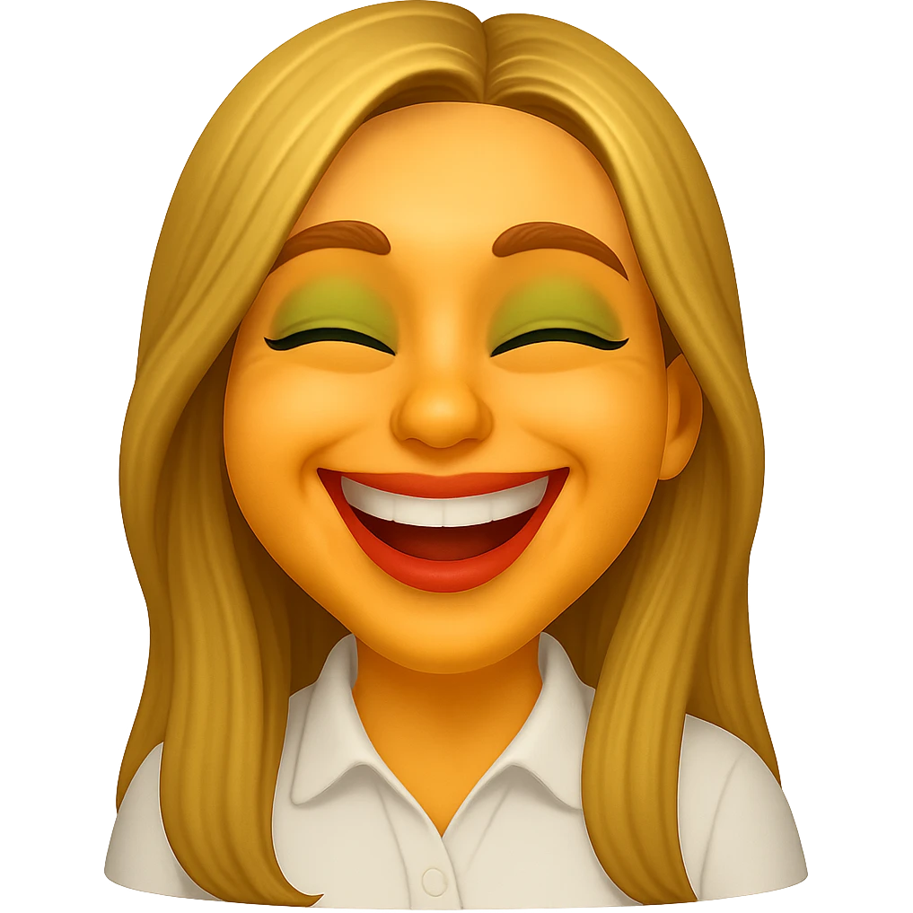 Create an image of a blonde person with long hair and swamp-like eyes laughing. The style should resemble the apple emoji style but without any apple logo or fruit elements. The background should be transparent. emoji