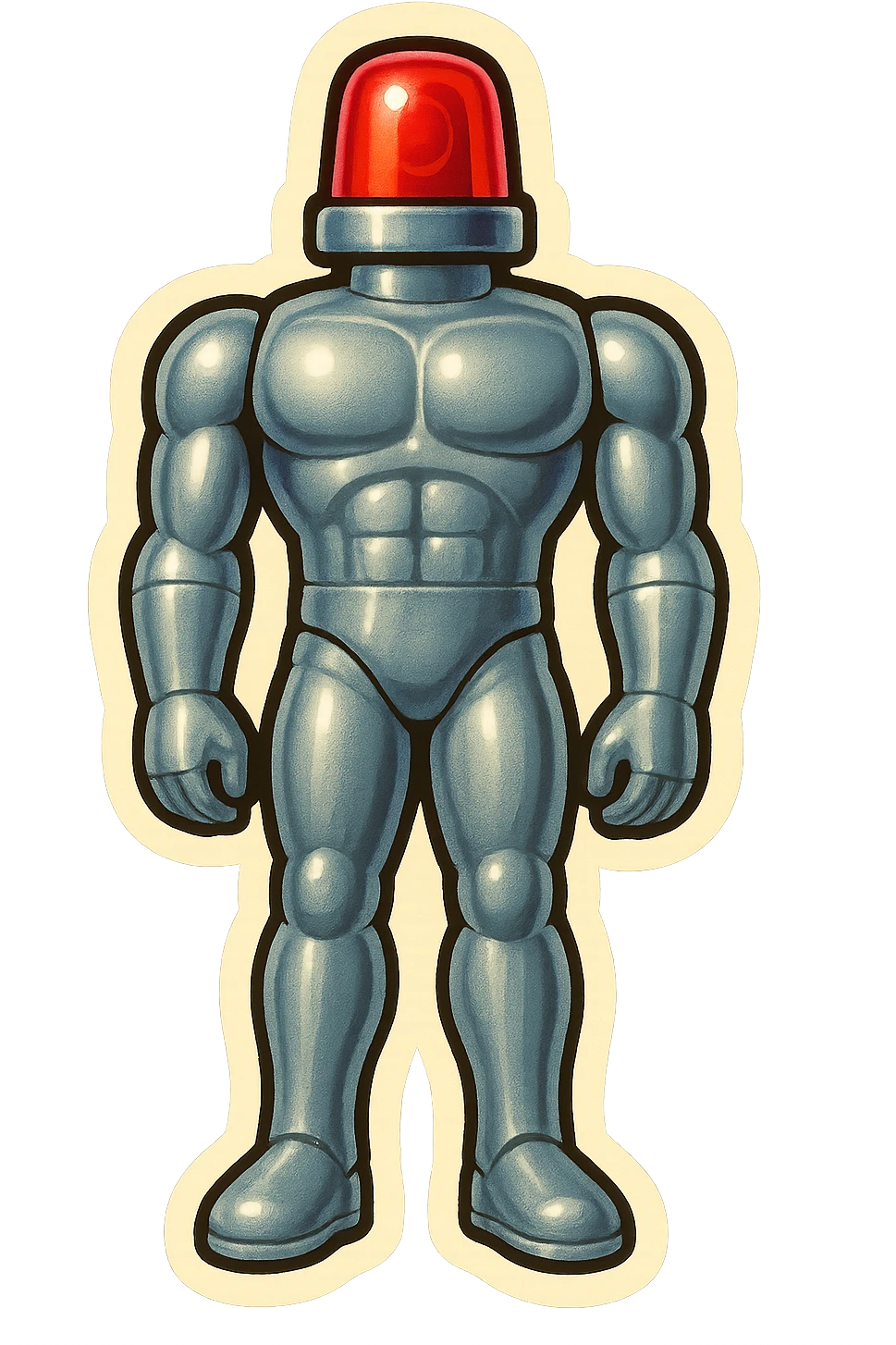 silver muscular robot with a red police light head, standing at attention with arms at sides, retro stickers style emoji