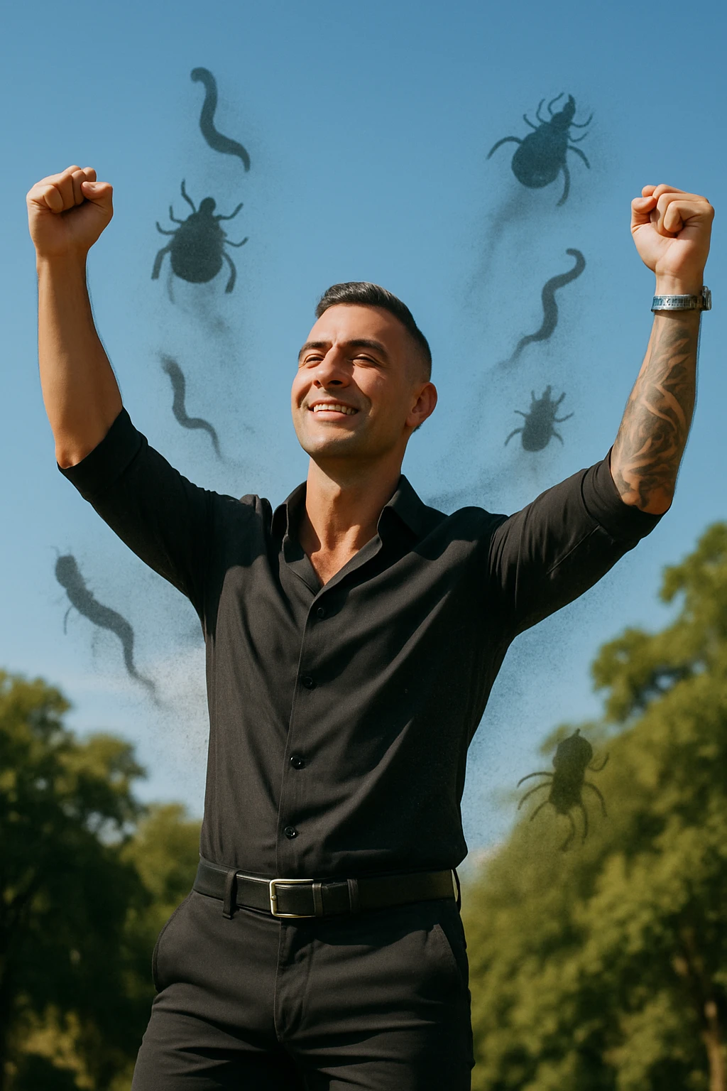 a man stands outdoors in bright sunlight, arms raised in relief and joy, while faint, shadowy silhouettes of parasites fall away from his body and dissolve into the air. His posture is upright and energetic, his expression serene and healthy. The background features green trees and a clear sky, emphasizing liberation and restored well-being. emoji