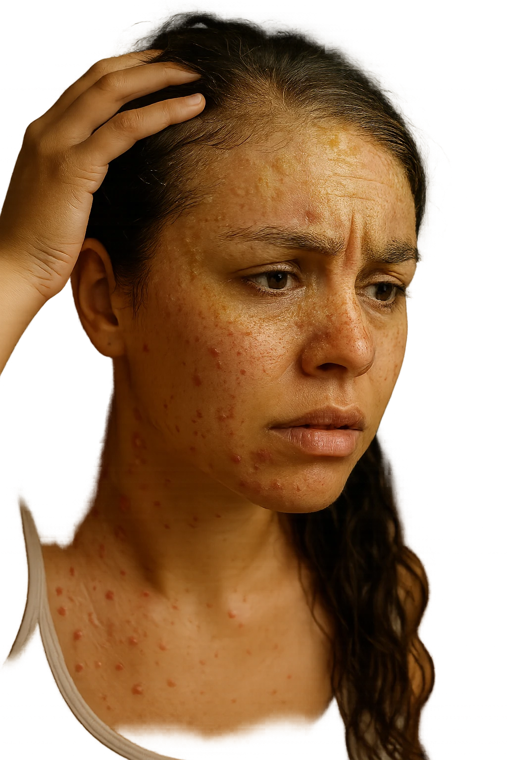 A highly realistic, cinematic close-up portrait of a young woman in her late 20s with medium skin tone, displaying visible folliculitis and seborrheic dermatitis. Small, red, inflamed follicular papules and pustules are scattered along her hairline, jawline, and upper neck, indicating folliculitis. Her scalp and areas around the nose and eyebrows show flaky, greasy yellowish scales, with redness and irritation, indicating seborrheic dermatitis. Her hair appears slightly greasy and clumps near the scalp, emphasizing excess sebum production. She gently touches her irritated scalp with concern while looking at herself in a softly lit bathroom mirror, expressing discomfort and frustration. The environment is neutral and clean, with daylight softly illuminating the scene to highlight the skin and scalp texture. The style is 35mm hyperrealistic, with warm neutral tones and shallow depth of field to maintain focus on her skin, inflammation, and emotional expression, visually explaining the physical discomfort and aesthetic concerns of living with folliculitis and seborrheic dermatitis emoji