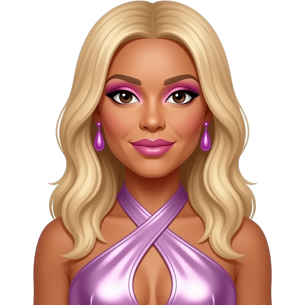 Wendy Williams with dark brown eyes, long blonde hair, pink eyeshadow and lipstick, lavender pink metallic halter dress, lilac earrings emoji
