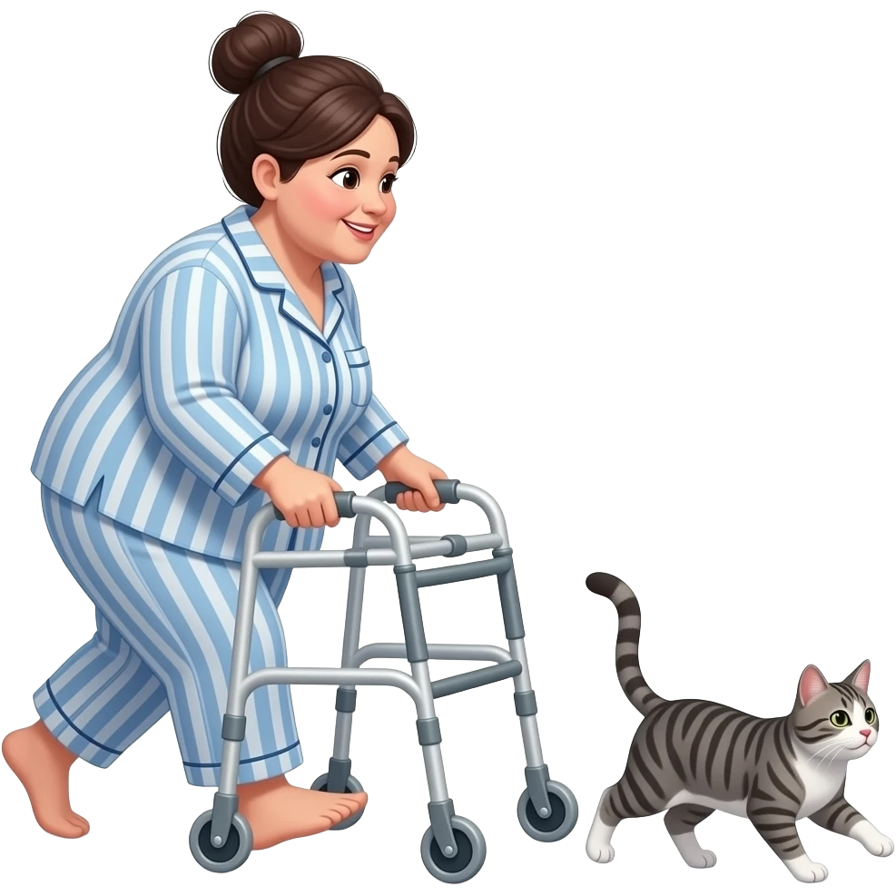 Middle aged, heavy set, dark hair in a bun, woman in pajamas using walker chasing a grey and white tabby cat emoji