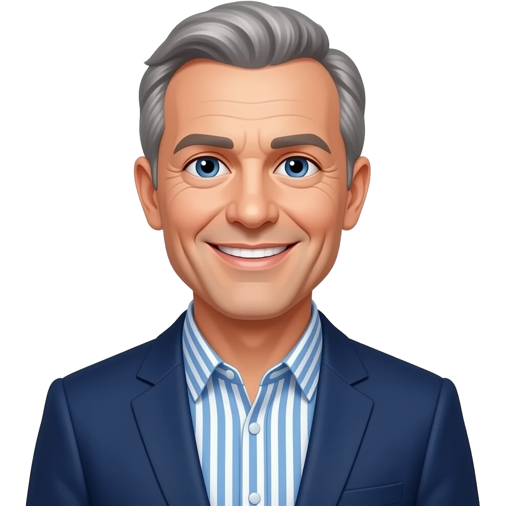 DJR - man, friendly smile, mid 70's, half bald, grey hair, blue eyes, slim face, blue and white vertical striped button up shirt, dark blue blazer emoji