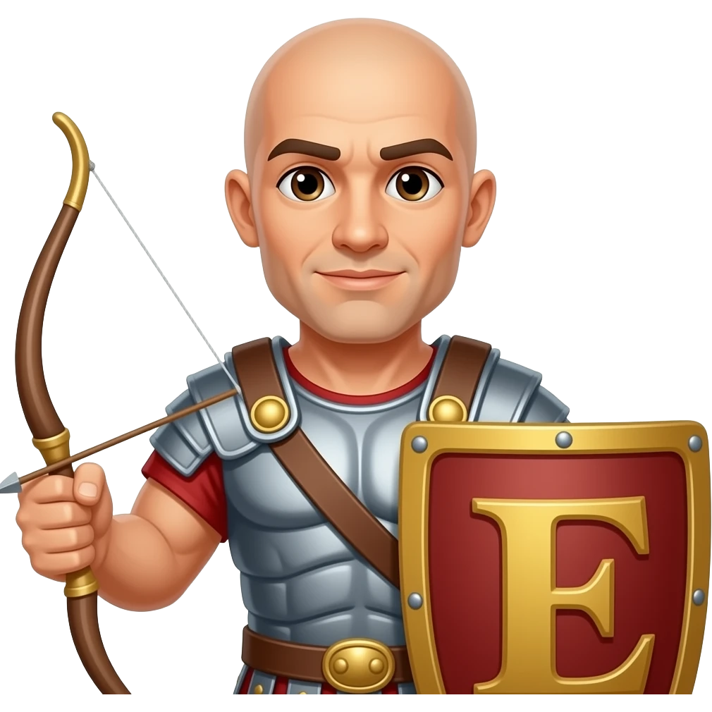 Muscular Roman soldier bald with brown eyes the Letter E on the shield bowing emoji