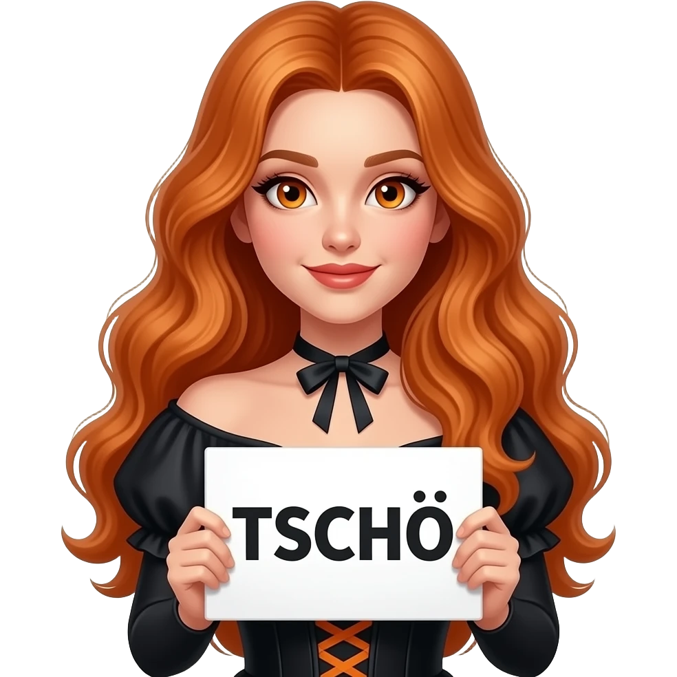 sexy girl with long wavy ginger hair and ginger eyes wearing a halloween dress is holding a white colored sign with TSCHÖ written on it emoji