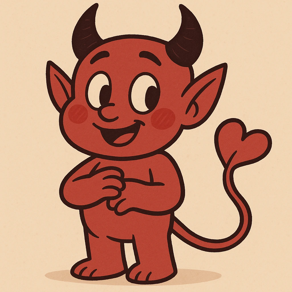 cute devil with heart-shaped tail, blushing cheeks, friendly look, cartoon style emoji