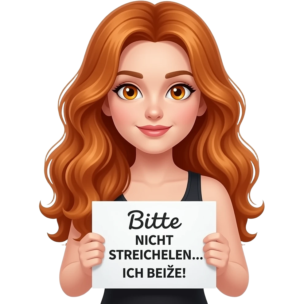 sexy girl with long wavy ginger hair and ginger eyes wearing a black tanktop is holding a white sign with Bitte NICHT STREICHELN... ICH BEIßE! written on it emoji
