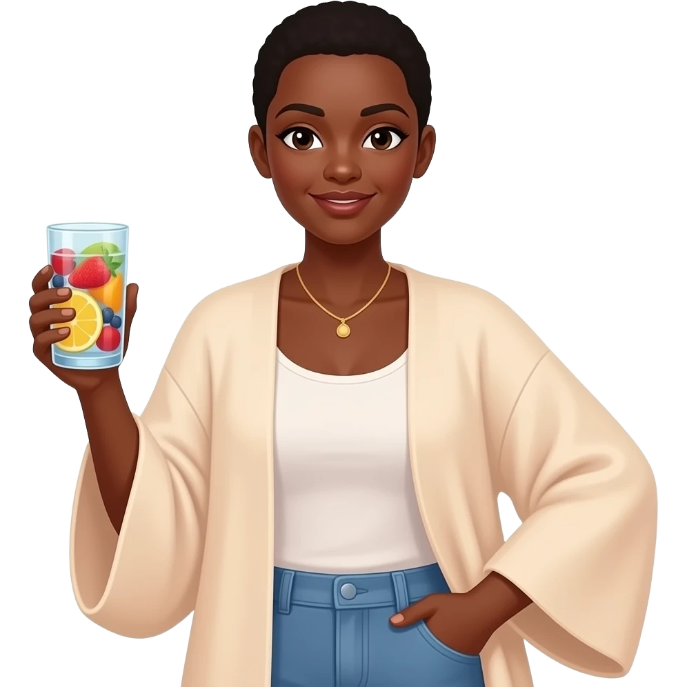 BLACK BALD WOMAN  IN FLOWY CARDIGAN HOLDING A CUP OF FRUIT INFUSED WATER emoji