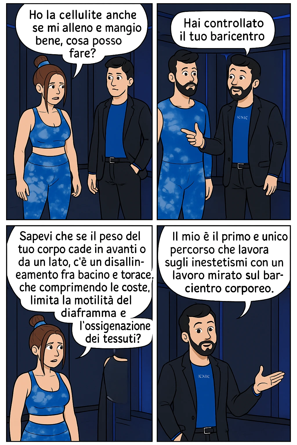 TRASFORMA QUESTO CAROSELLO IN UN FUMETTO CON QUESTE DUE PERSONE IDENTICHE CHE INTERLOQUISCONO TRA LORO:

LEI: Ho la cellulite anche se mi alleno e mangio bene, cosa posso fare?

LUI: Hai controllato il tuo baricentro corporeo?
LUI: Sapevi che se il peso del tuo corpo cade in avanti o da un lato, c’è un disallineamento fra bacino e torace, che comprimendo le coste, limita la motilità del diaframma e l’ossigenazione dei tessuti?
LUI: Il mio è il primo e unico percorso che lavora sugli inestetismi con un lavoro mirato sul baricentro corporeo. emoji