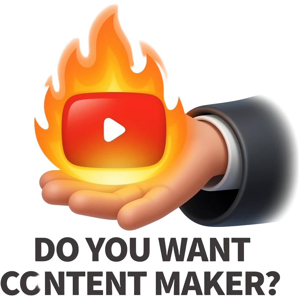 A wizard’s hand holding a glowing, magical YouTube logo like a fire spell. Text bellow: "DO YOU WANT CONTENT MAKER?" High fantasy, mystical particles, clean, sticker style emoji