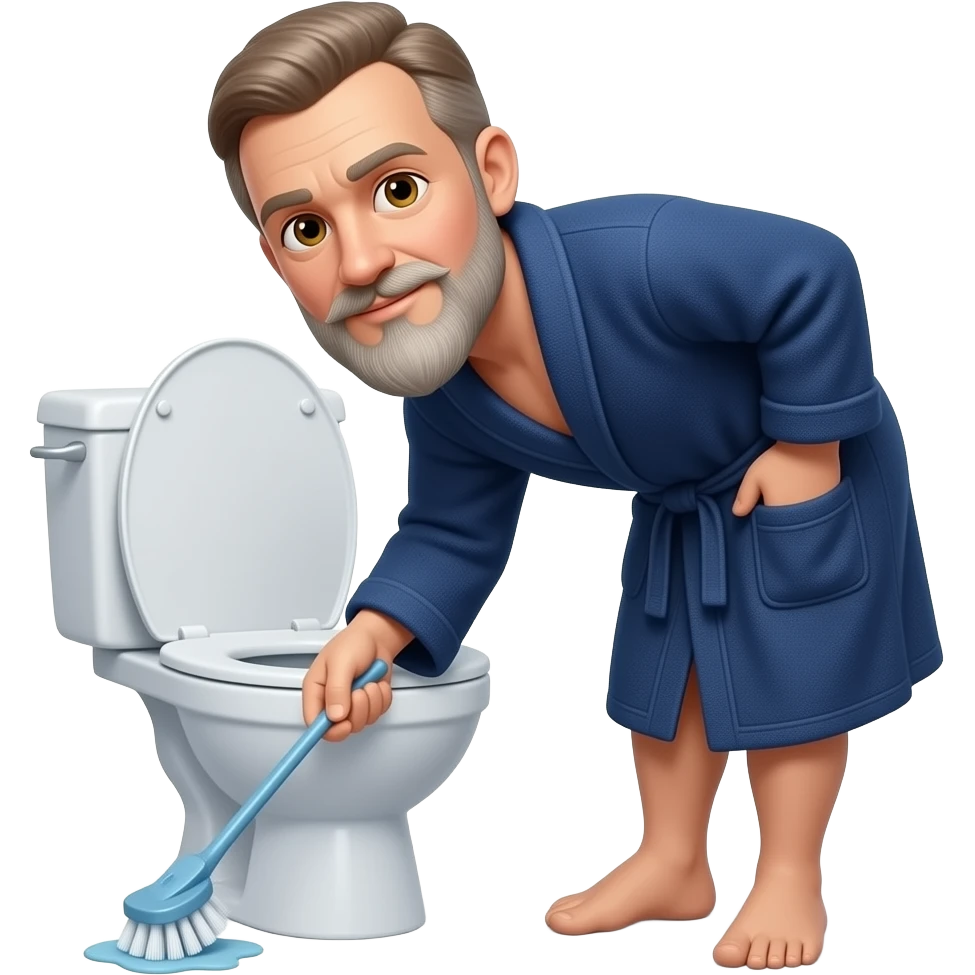 A slim white man with thinning light brown hair, hazel eyes, moustache and very long scraggly graying beard, wearing a navy blue bathrobe, leaning over a toilet with a toilet cleaning brush in his hand emoji
