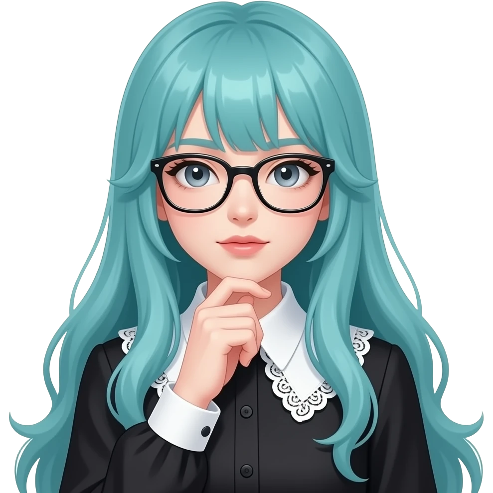 girl, thinking, glasses, long flowing teal hair, grey eyes, black shoulder cyberpunk blouse with fancy white collar emoji