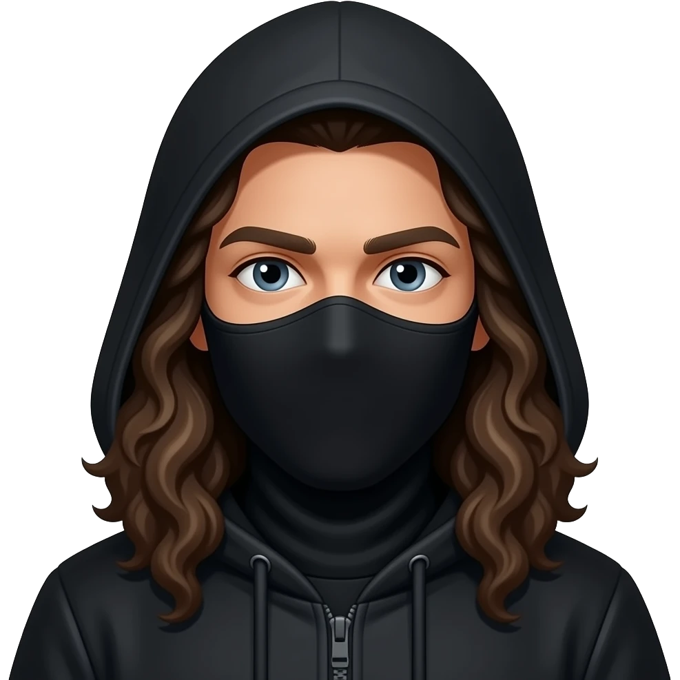 Un mec cheveux long bouclé capuche sur la tête avec une cagoule et ensemble tout noir emoji