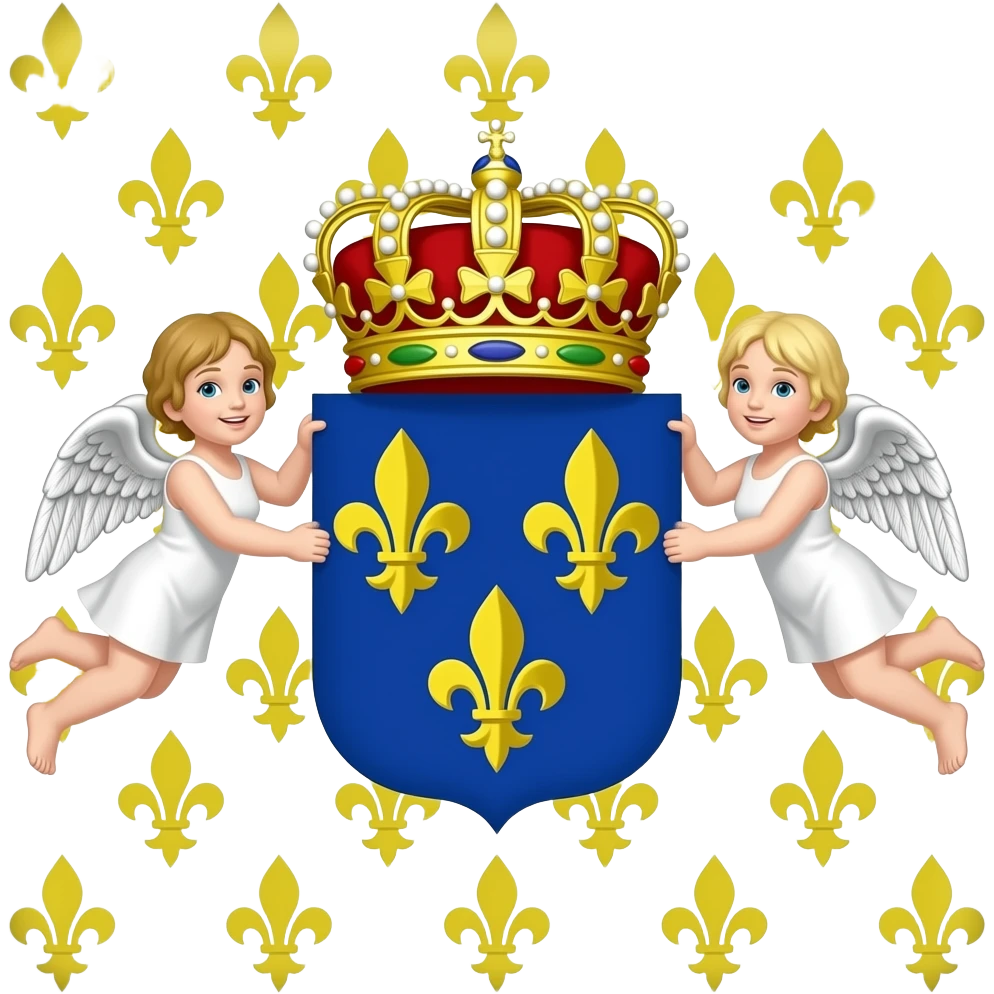drapeau du royaume de france, blanc parsemé de fleur de lys d'or, au centre, l'écusson bleu des bourbons avec trois fleur de lys d'or et une courronne au dessus, et deux chérubins qui le tiennent emoji