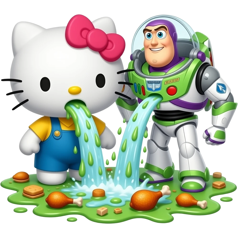 green and white, throwing up, Hello Kitty and Buzz throwing up together, a lot, covering the ground in vomit, Niagara Falls coming out of her mouth, with bits of food in it, fried chicken drumsticks emoji