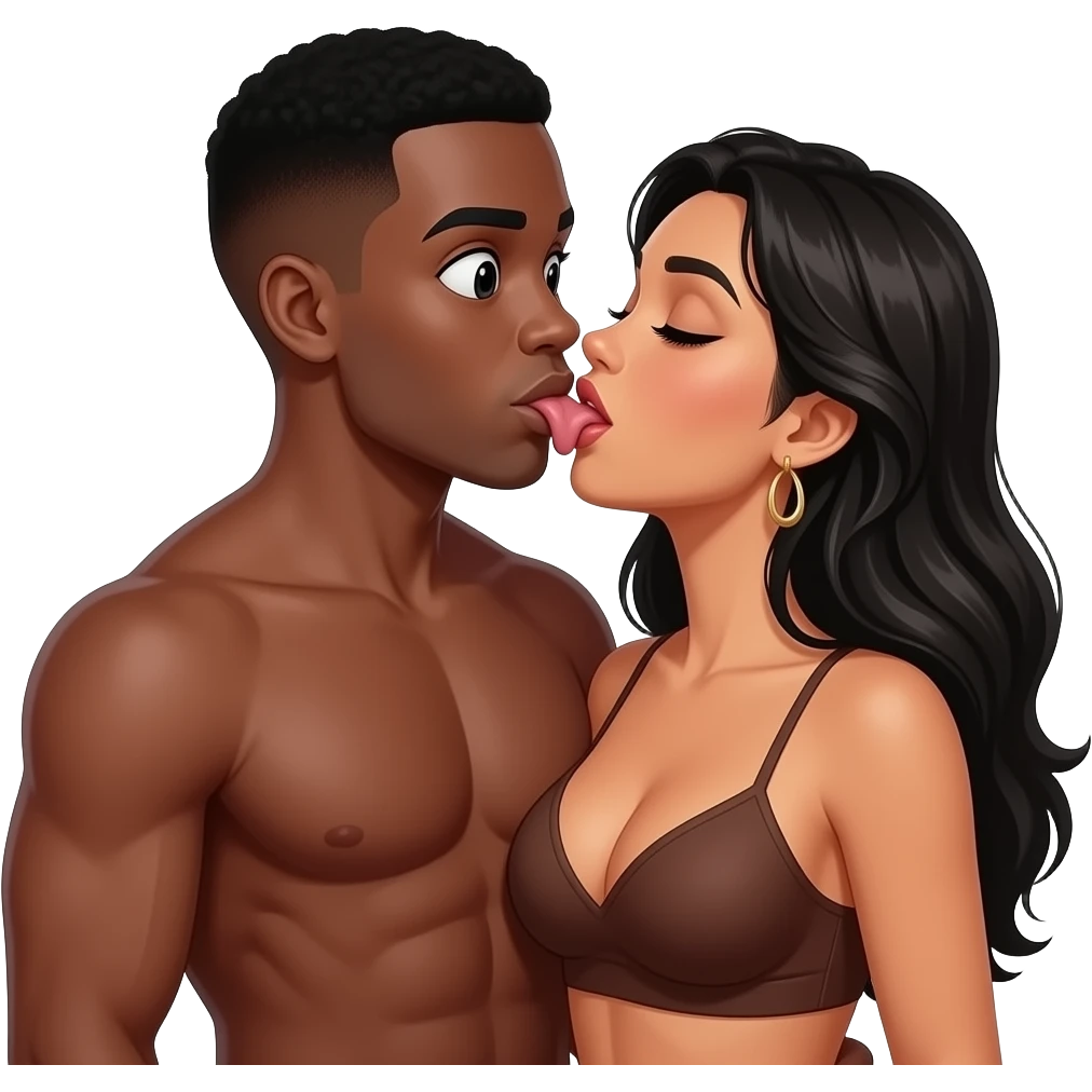Black muscular man short hair big eyes french kissing brown Columbian woman long black hair large breast show tongue emoji
