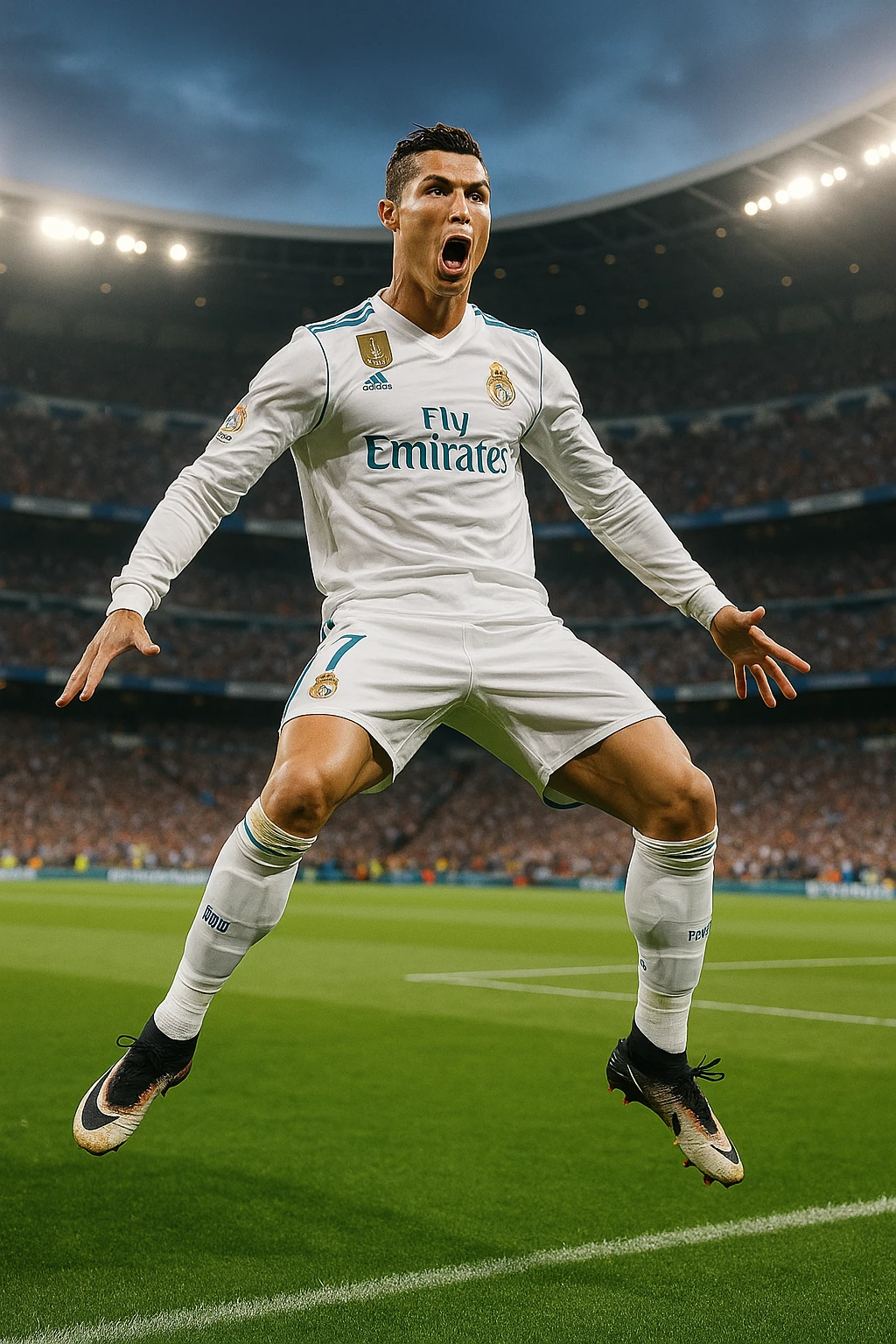 Ronaldo in white Real Madrid jersey, mid-air during 'siu' celebration, expressive face, football field setting emoji