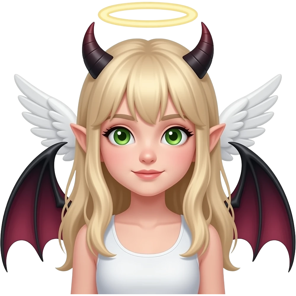 Make an emoji of a cute green eyes, blond hair white girl with an angel halo, but devilish and dark everywhere else with dragon wings. no bangs emoji