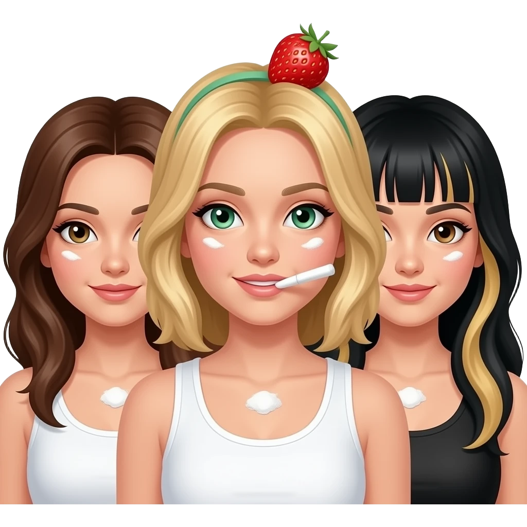 Three girls with white powder cocaine. One strawberry blonde hair and green eyes with white tank top, one brunette hair, and one with brown eyes and black hair and blonde highlights in hair emoji
