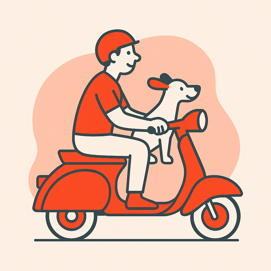 man and his pet dog riding a vespa emoji