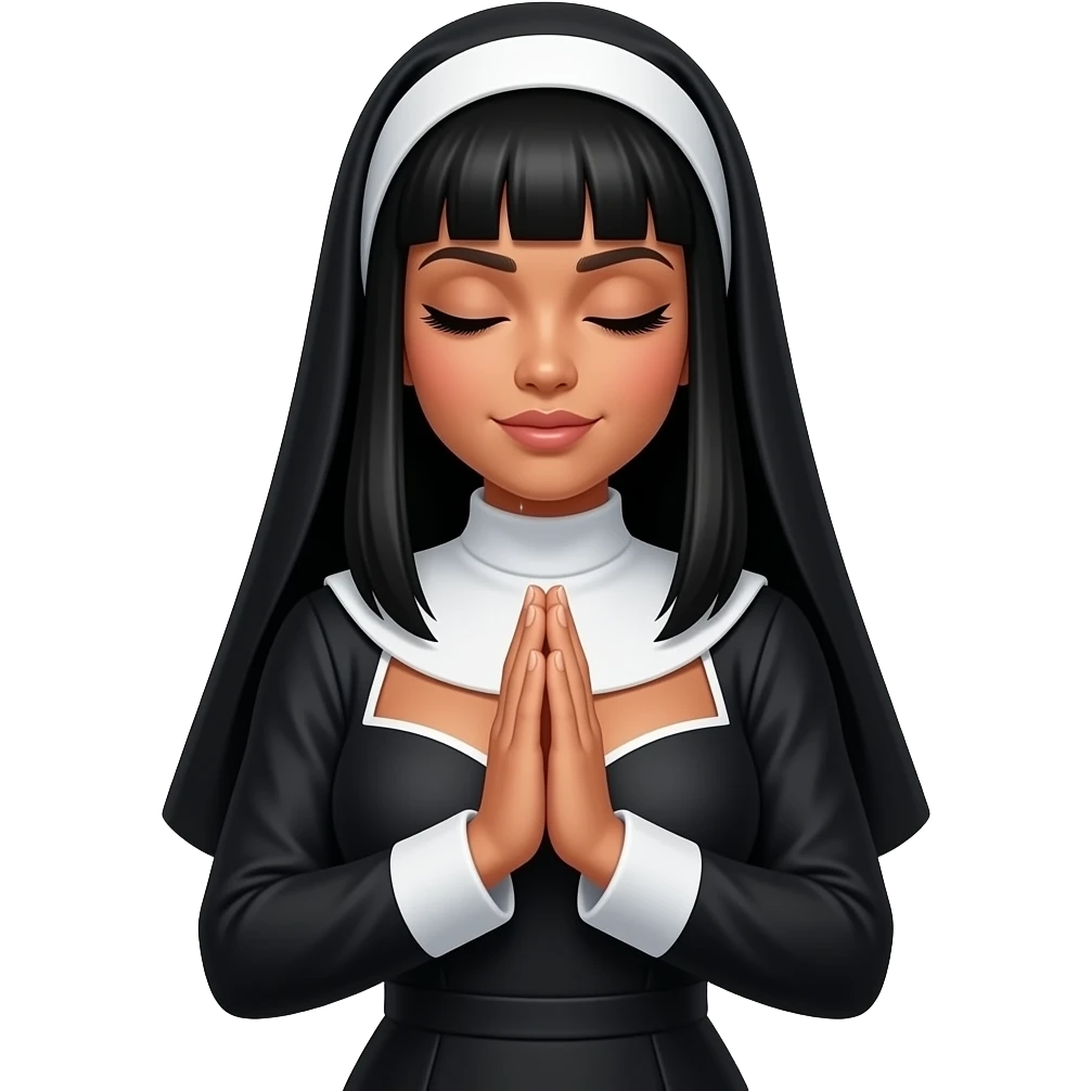 Medium Tan skin Filipino Women in sexy nun outfit with long black hair, straight across bangs dark eyebrows, curvy chest, eyes closed and long eyelashes praying hands at stomach level emoji