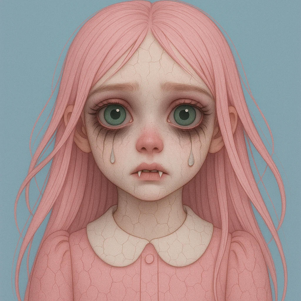 Add more horror details to this pastel horror profile picture, keep it cute, expressive, and minimal, in the style of imagen-4-fast (a detailed, high-quality, fast image generation style). Enhance the horror elements while maintaining the pastel color palette and minimalistic, cute expression. emoji