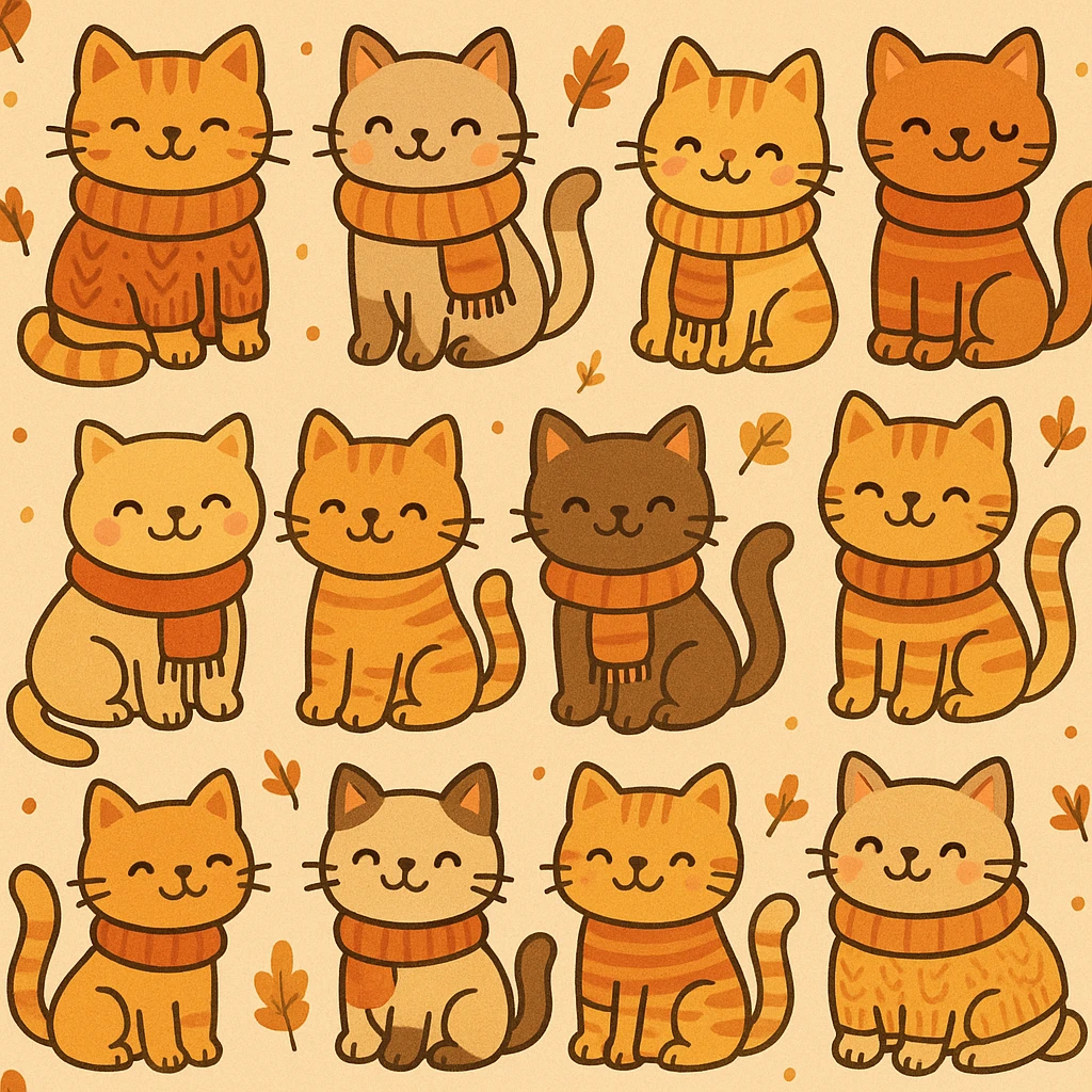 cute cats in scarves and sweaters, seamless pattern, autumn colors, warm and cozy vibe, playful cartoon style emoji