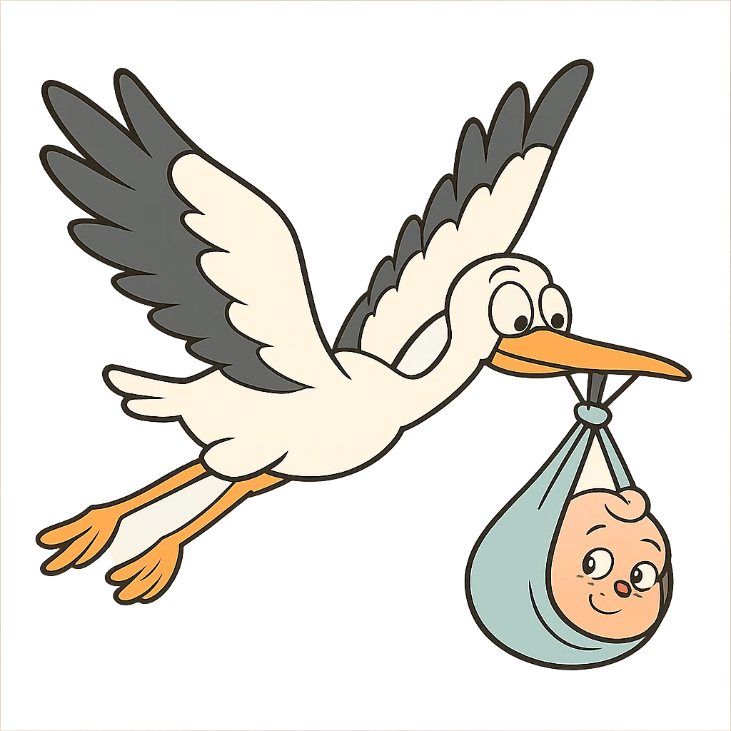 stork carrying a baby in a bundle in flat toon style emoji