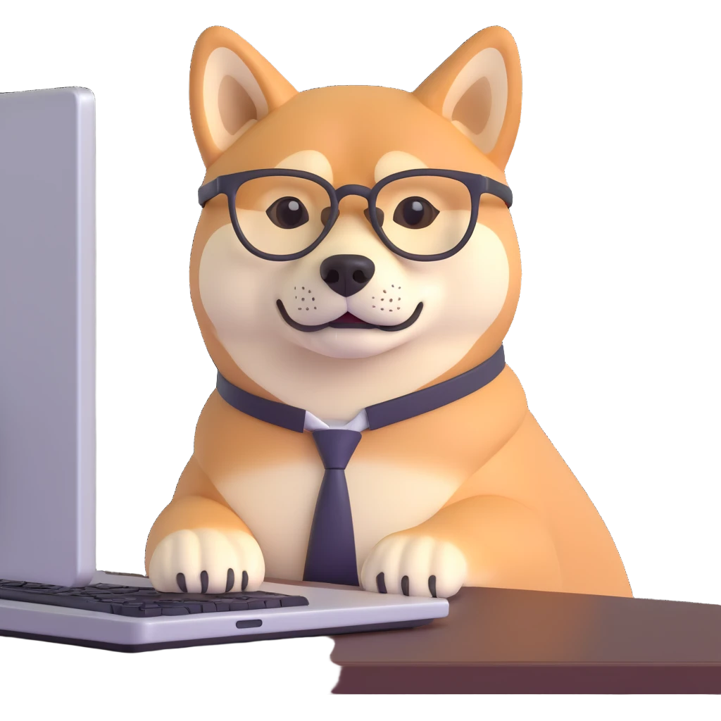 shiba inu with eye glasses and computer emoji