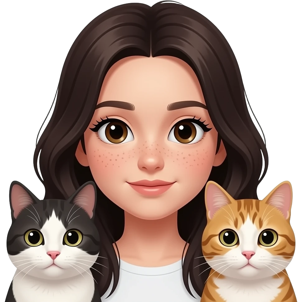 girl with dark brown eyes, a lot of freckles,pale skin, long full lashes and dark long hair with two cats emoji