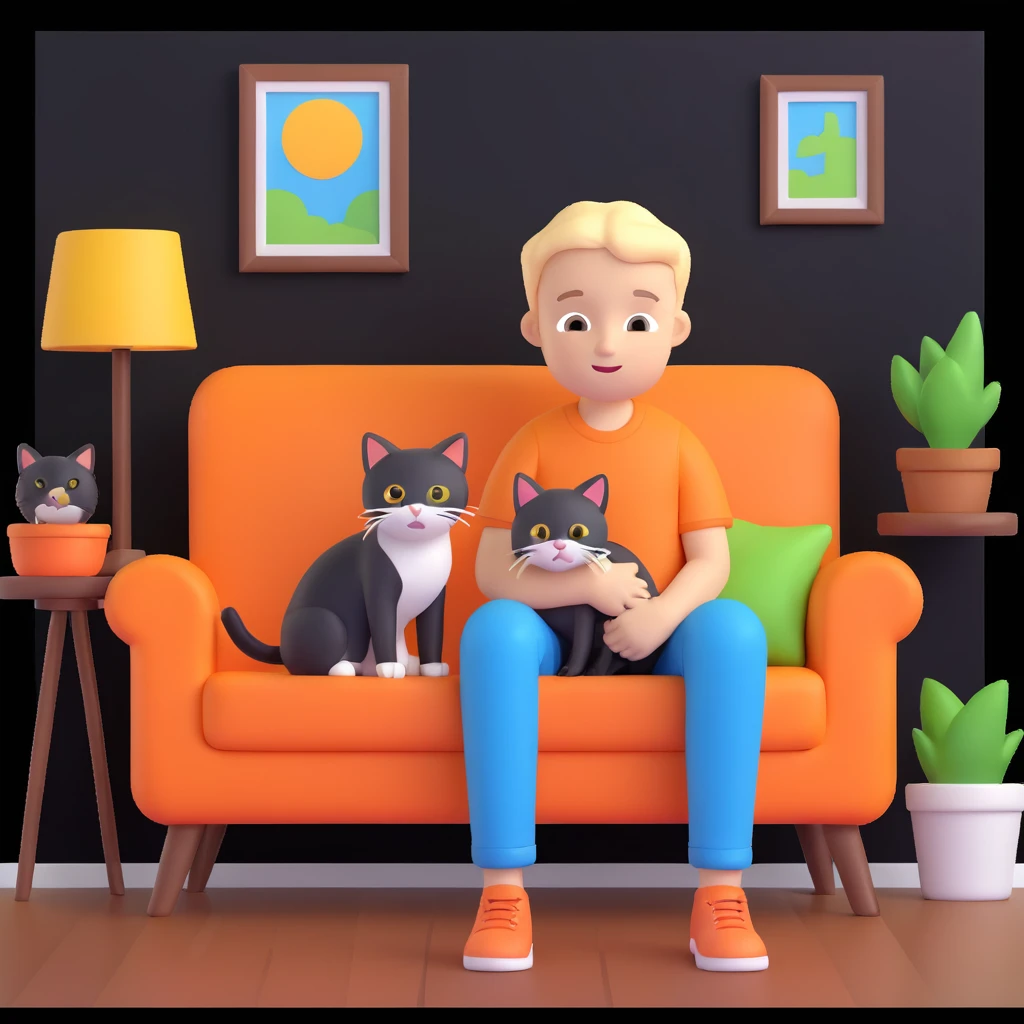 boy and cat pet, living room background emoji