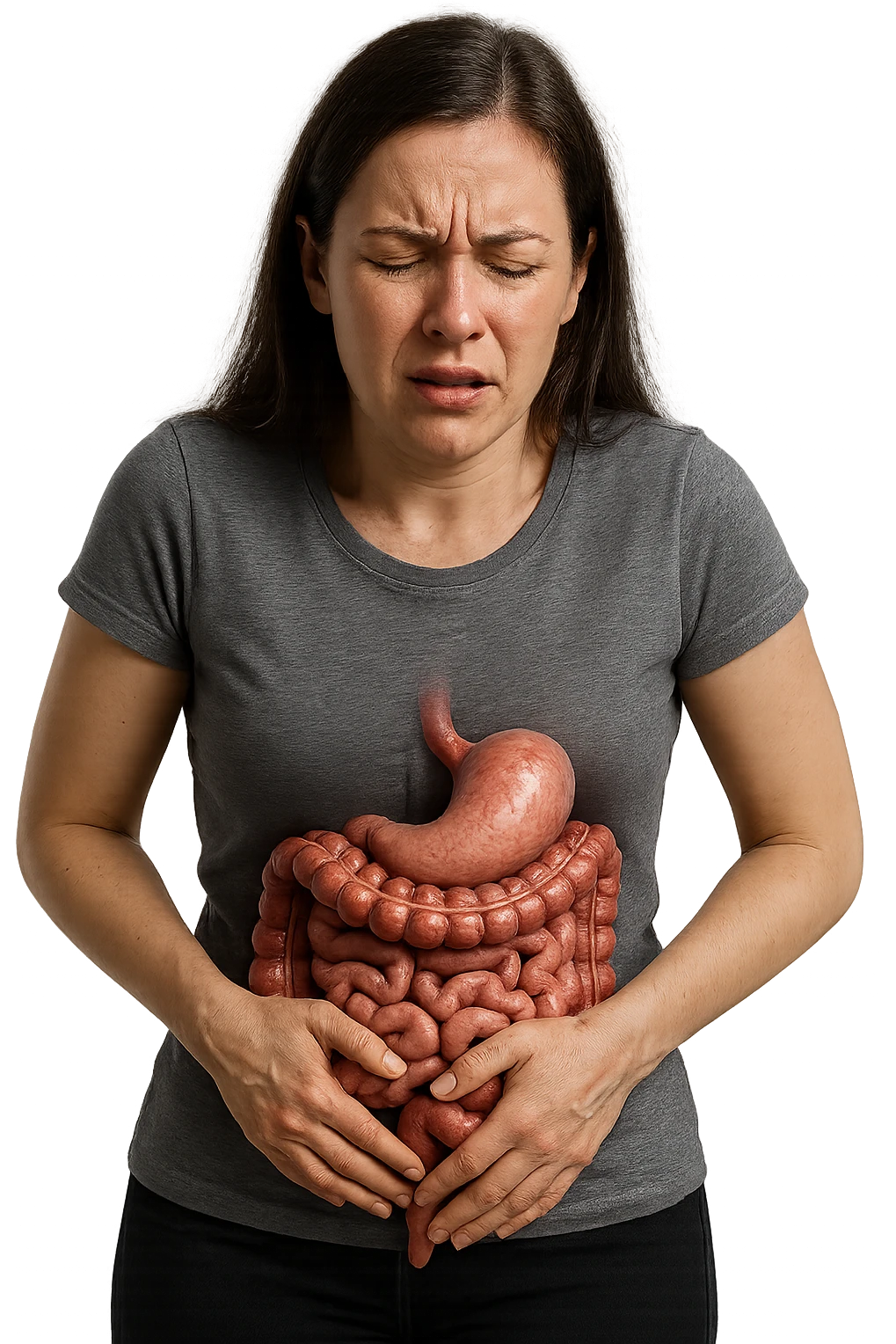 DONNA CON INTESTINO ANATOMICO REALISTICO IN EVIDENZA E MAL DI PANCIA, IPERREALISTICO 4K emoji