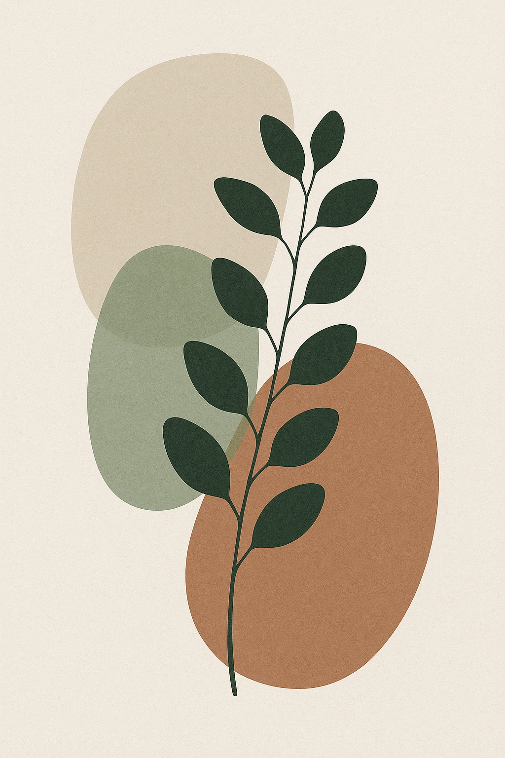 abstract botanical wall art, minimalist scandinavian style, large rounded organic shapes, eucalyptus branch silhouette, neutral earth tones (beige, sage, terracotta), subtle paper texture, modern interior decor, full bleed composition --v 6 --ar 3:4 --q 2 --style 4a emoji