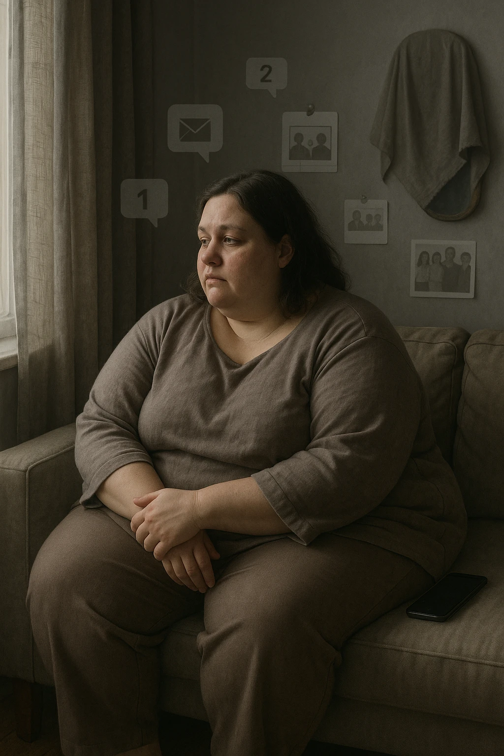 Donna tra i 30 e i 40 anni seduta sola su un divano, con espressione malinconica e corpo visibilmente appesantito. Indossa abiti larghi, avvolgenti, e guarda fuori dalla finestra mentre il telefono è spento o con notifiche ignorate accanto a lei. Sullo sfondo, si notano segnali di vita sociale assente: messaggi non letti, inviti ignorati, foto di gruppo a cui non partecipa. L’atmosfera è silenziosa, con luce grigia e ambiente spento. Intorno a lei, simboli di ritiro e insicurezza: tende chiuse, specchio coperto, postura chiusa. Stile realistico, tono delicato ed emotivo emoji