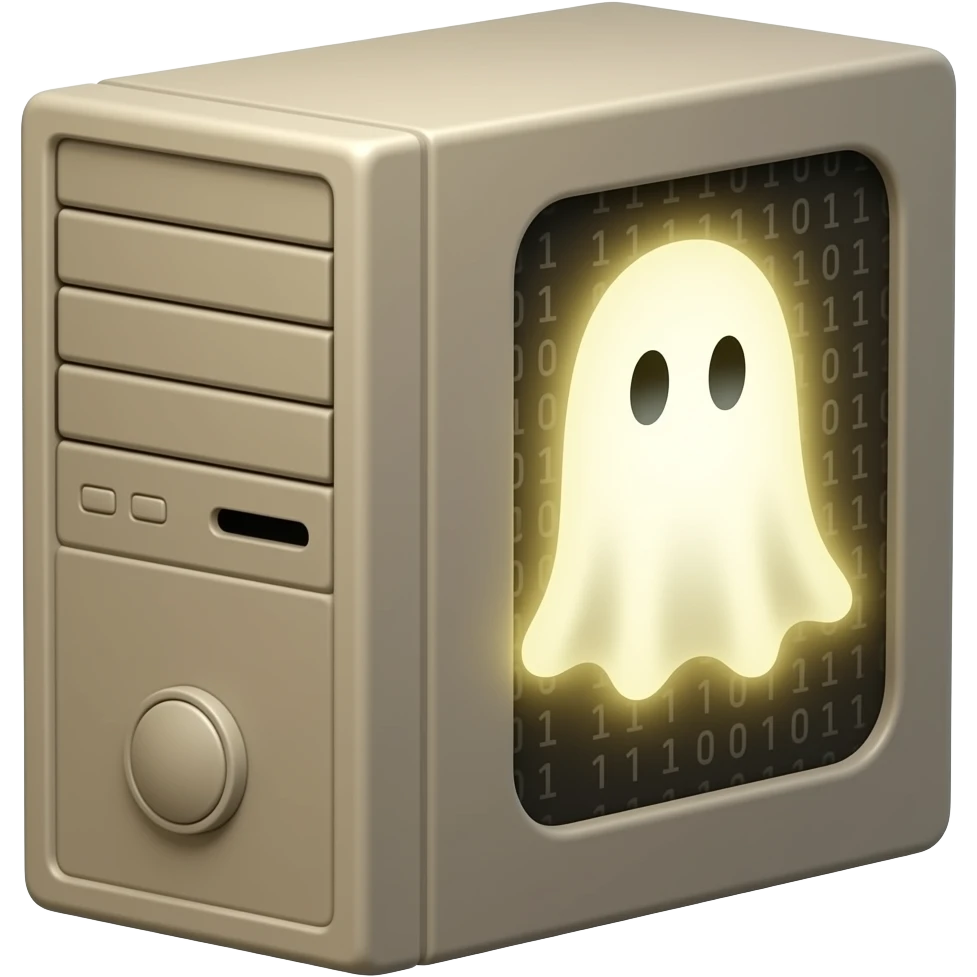 Semi‑realistic fantasy tech illustration of a PC tower with a glowing ghost emerging from the side or screen, faint binary or code hints, soft eerie light, warm vintage tones, painterly shading, transparent background, square, no text. emoji