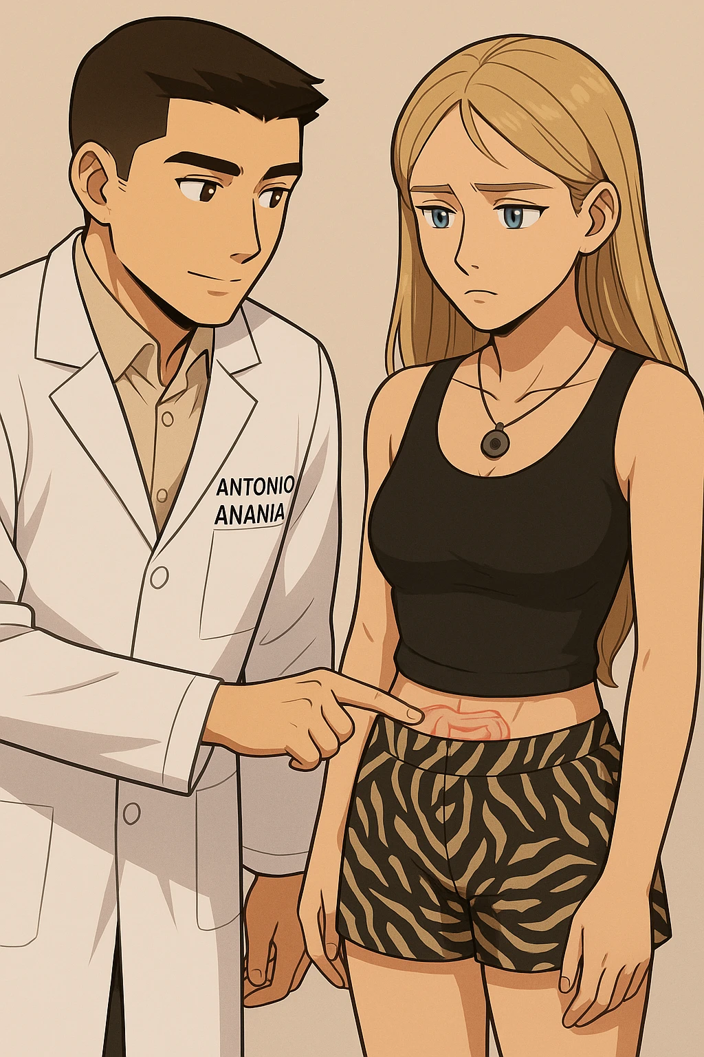 fai un webtoon/manga a colori con questo kinesiologo in camice bianco (fagli la scritta "ANTONIO ANANIA" SUL CAMICE) CHE PARLA CON QUESTA RAGAZZA CON GLI OCCHI AZZURRI. IL KINESIOLOGO CON IL CAMICE BIANCO LE TOCCA LA PANCIA CON UN DITO DOVE C'è L'INTESTINO. NON FARE I FUMETTI, FAI SOLO LORO COME SE DIALOGASSERO emoji