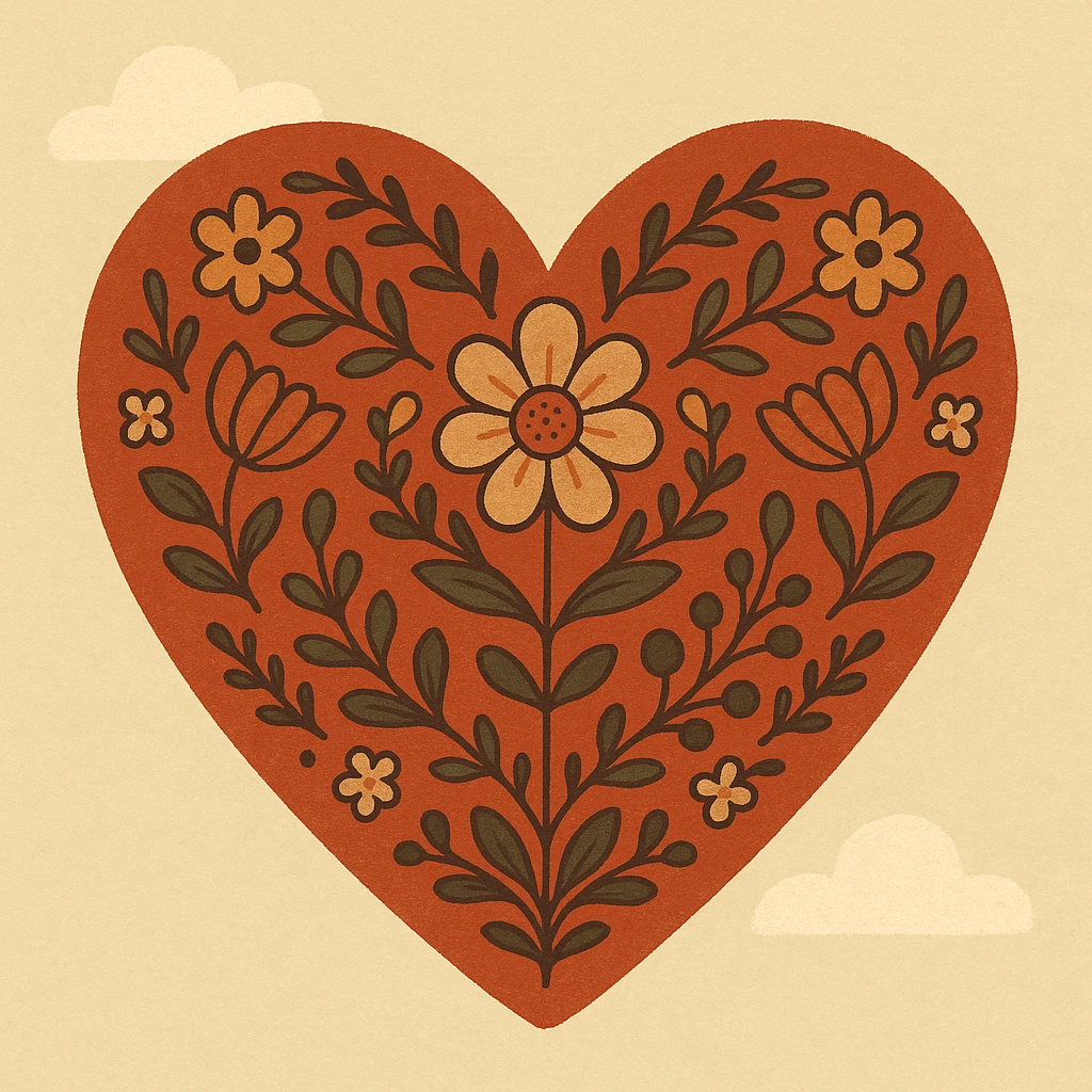 red heart with intricate Scandinavian folk art nature motif, vibrant floral and leaf patterns, symmetrical, inspired by traditional Nordic designs emoji