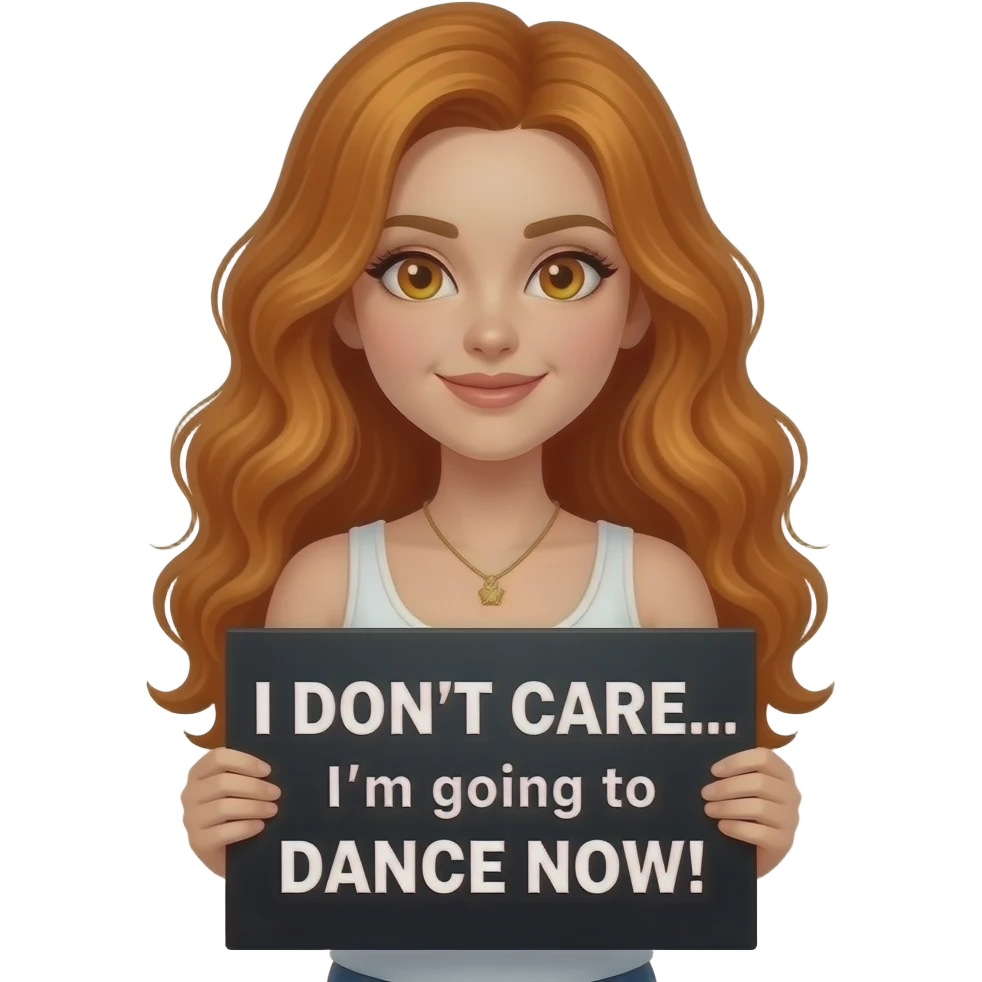 sexy girl with long wavy ginger hair and ginger eyes wearing a white tanktop is holding a black colored sign with I DON'T CARE... I'm going to DANCE NOW! written on it emoji